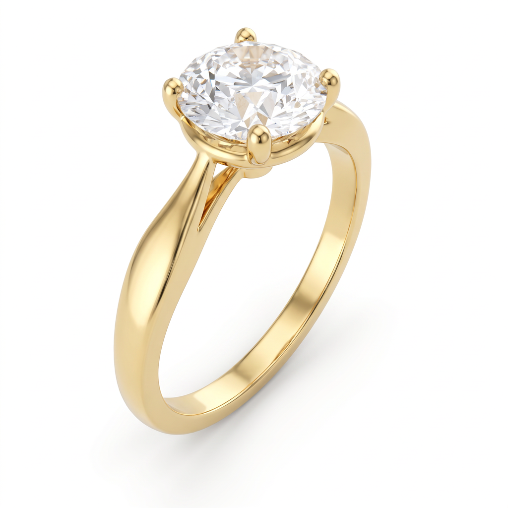 1.5ct cathedral solitaire engagement ring in 14K yellow gold, angled view showing the tapered shank and four prongs