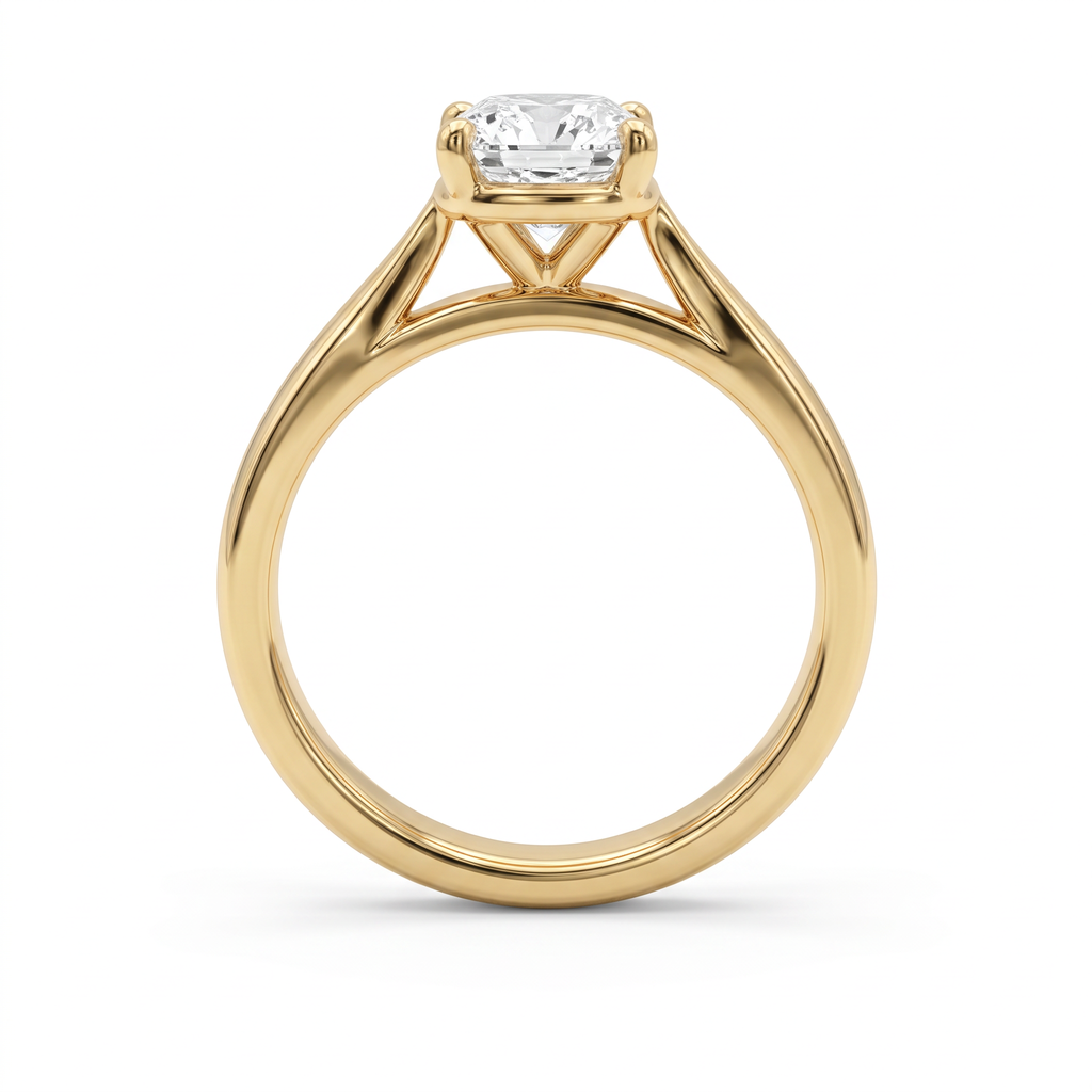 Side view of 1.5ct cathedral solitaire engagement ring in 14K yellow gold showing the cathedral arches rising to the head