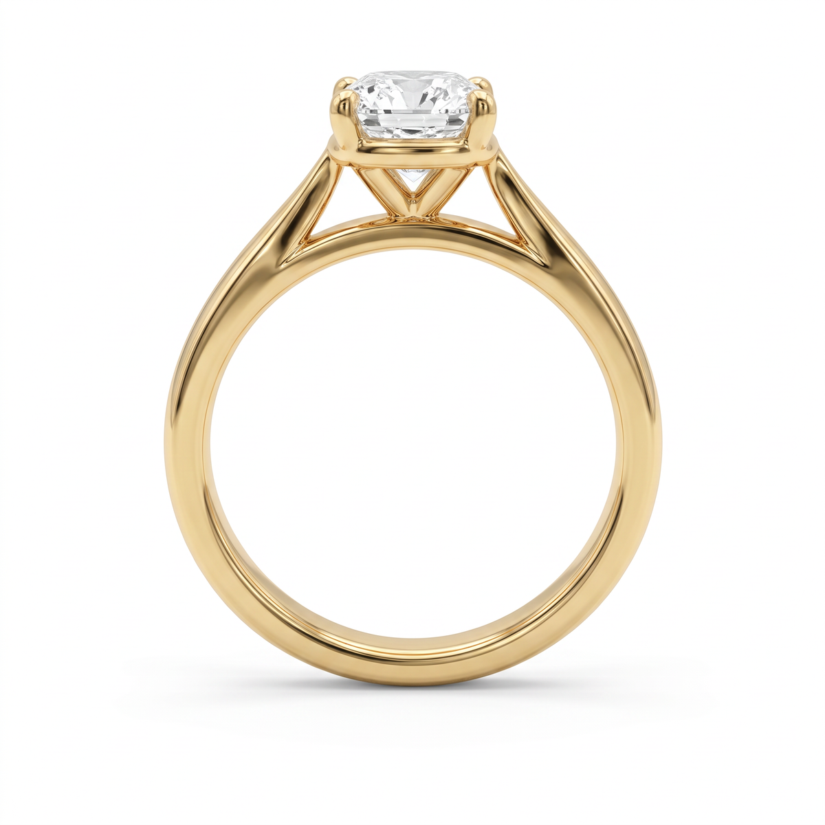Side view of 1.5ct cathedral solitaire engagement ring in 14K yellow gold showing the cathedral arches rising to the head