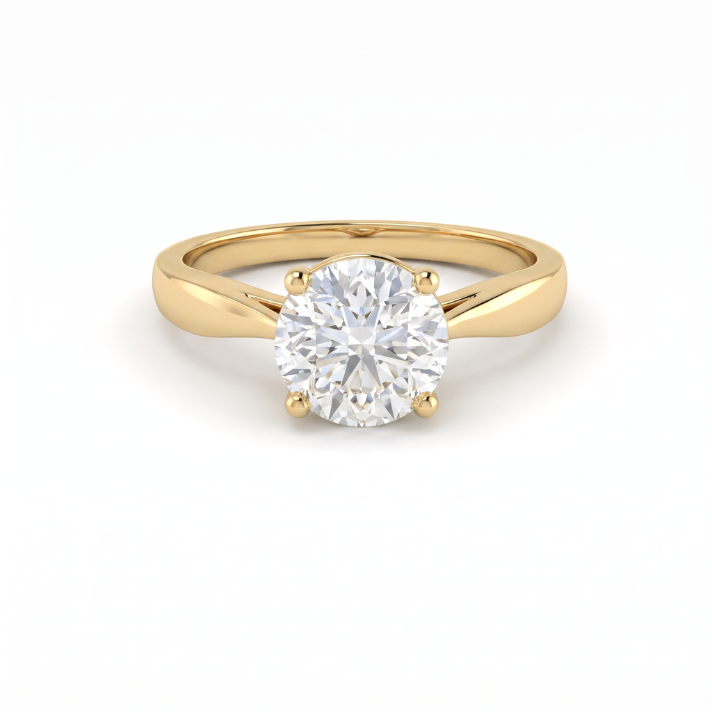 1.5ct round Lab-Grown Diamond cathedral solitaire engagement ring in 14K yellow gold, front view with tapered band