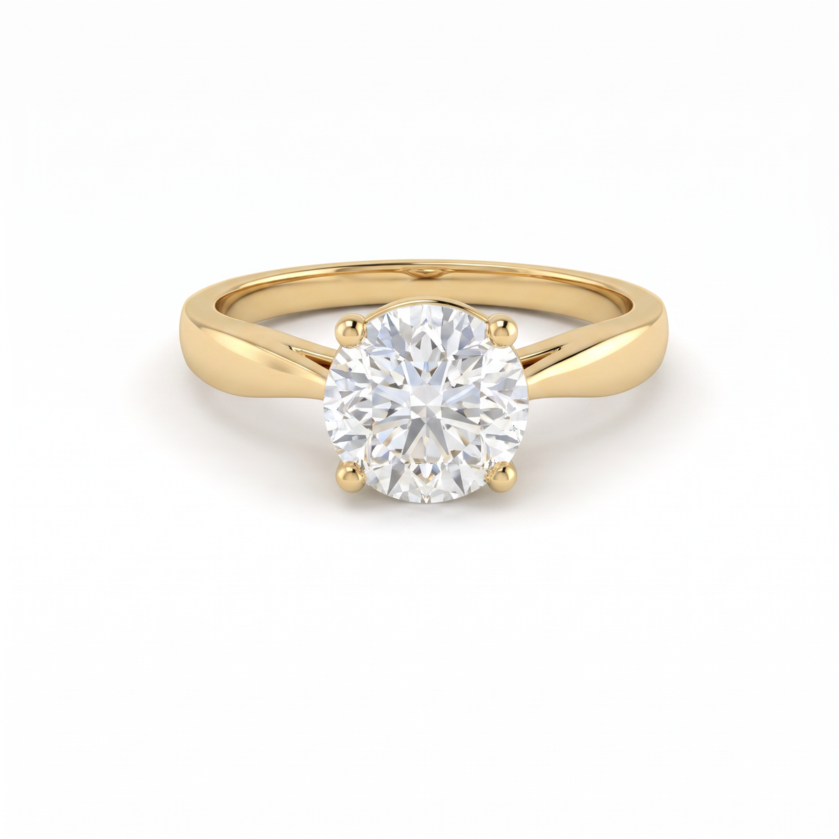 1.5ct round Lab-Grown Diamond cathedral solitaire engagement ring in 14K yellow gold, front view with tapered band