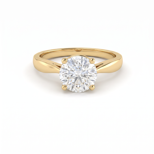 1.5ct round Lab-Grown Diamond cathedral solitaire engagement ring in 14K yellow gold, front view with tapered band