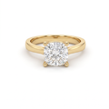 1.5ct cushion cut diamond solitaire in 14K yellow gold, front view, four-prong head on a 2.5mm shank