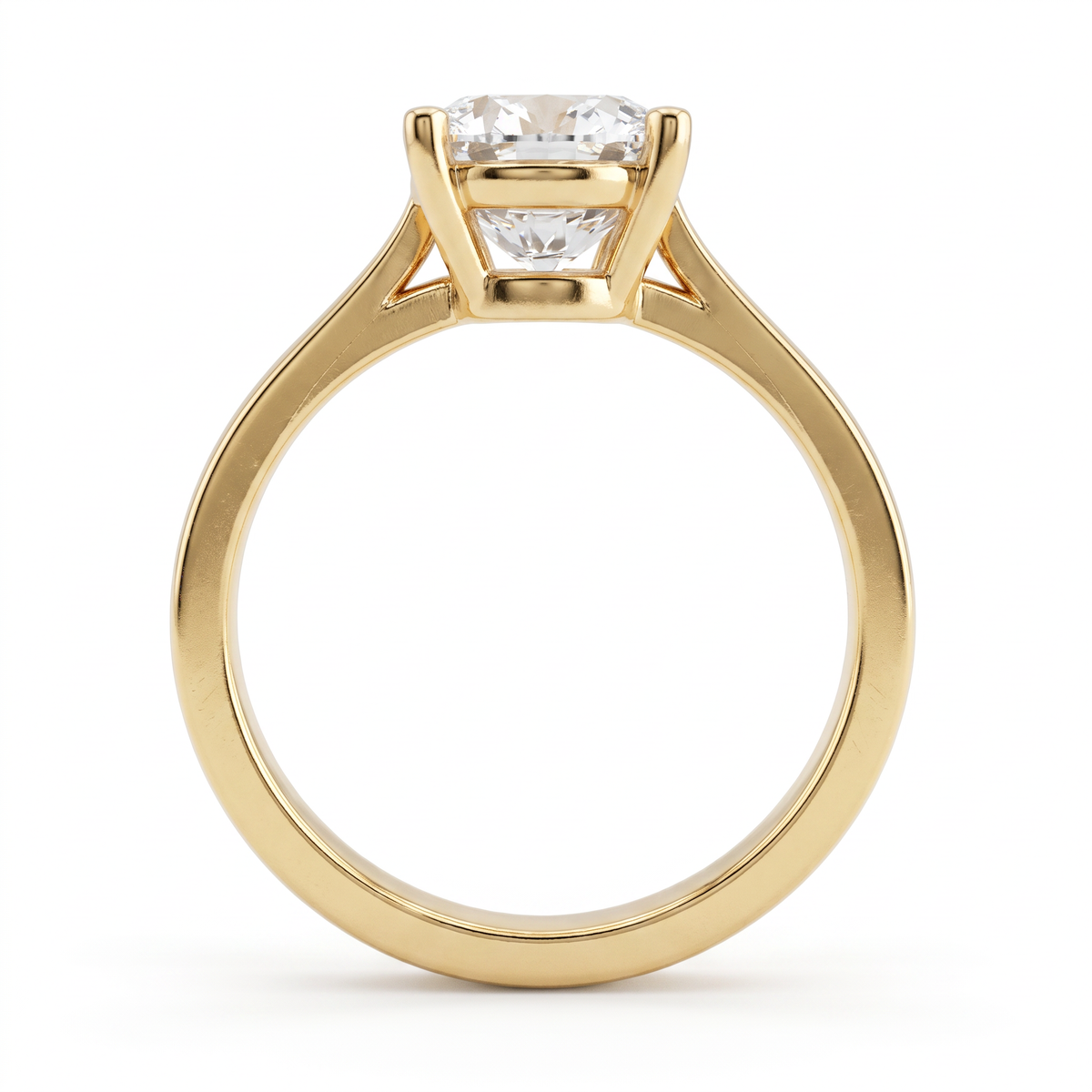 Side profile of the 1.5ct cushion cut solitaire in 14K yellow gold, showing the second gallery beneath the basket