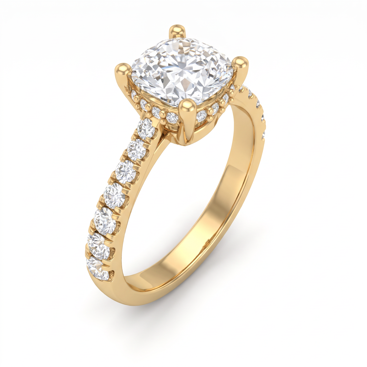 Angled view of a 1.5ct cushion cut Lab-Grown Diamond solitaire in 14K yellow gold with four-prong setting and pavé shank