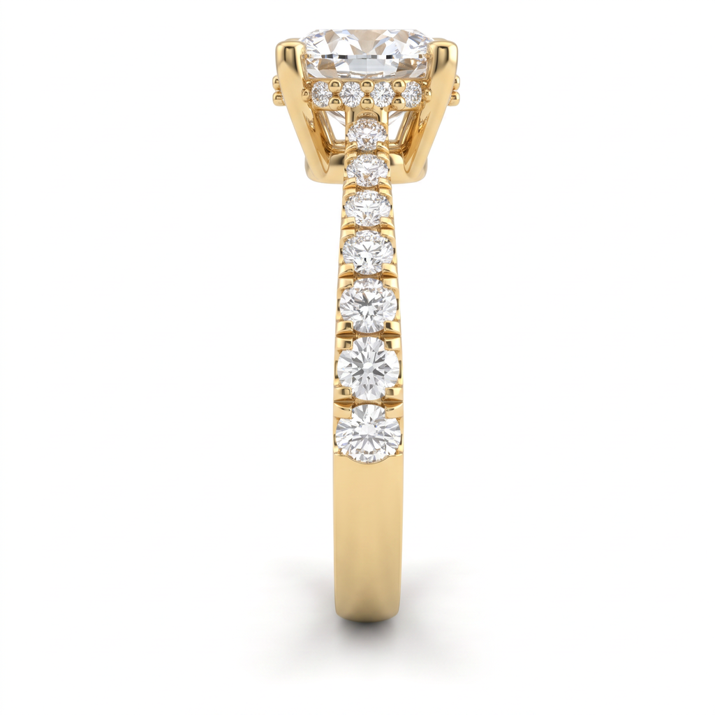 Side view of a 1.5ct cushion engagement ring in 14K yellow gold with graduated pavé Lab-Grown Diamond band and hidden halo basket