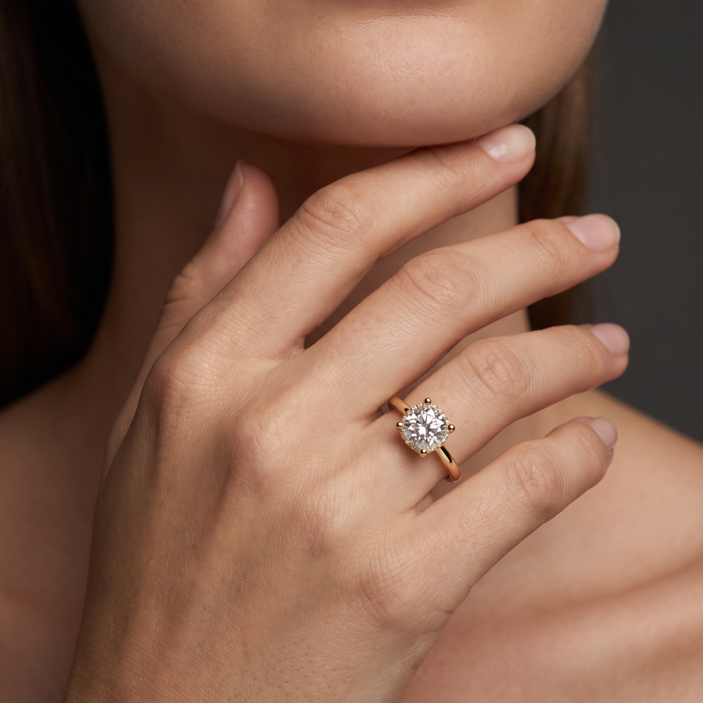 1.5ct cushion hidden halo engagement ring in 14K yellow gold worn on the hand
