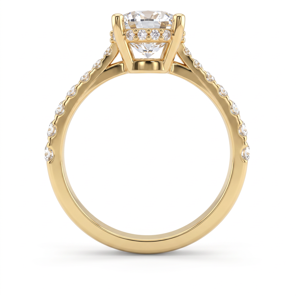 Profile view of a 1.5ct cushion engagement ring in 14K gold showing the hidden halo of Lab-Grown Diamonds under the center stone