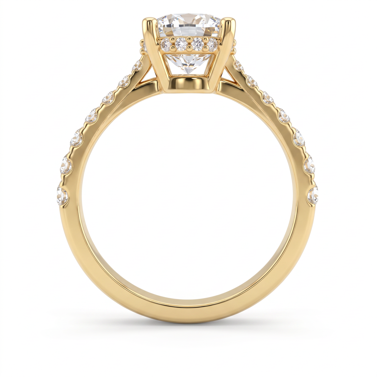 Profile view of a 1.5ct cushion engagement ring in 14K gold showing the hidden halo of Lab-Grown Diamonds under the center stone