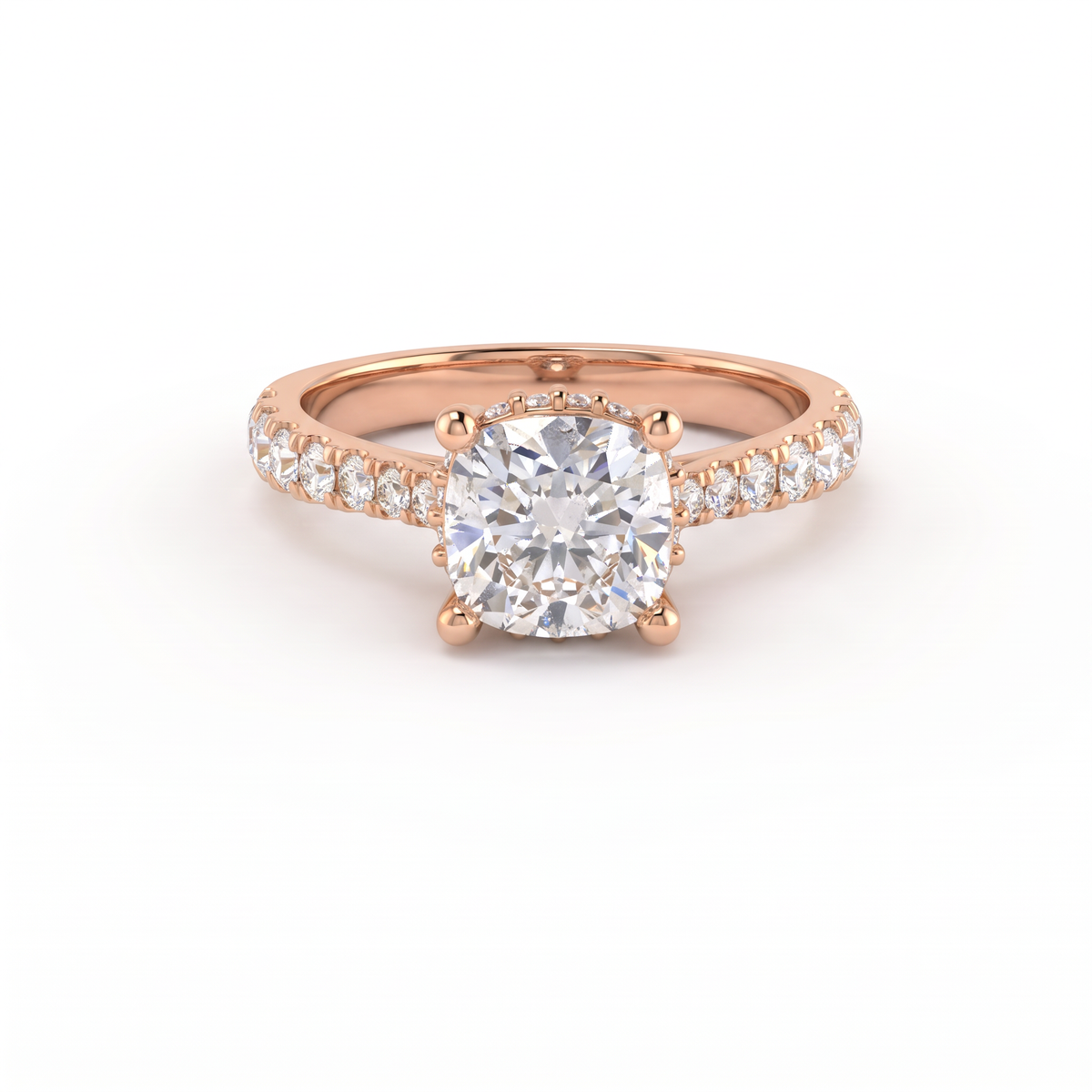 1.5ct cushion cut Lab-Grown Diamond engagement ring in 14K rose gold with hidden halo and pavé band, top view