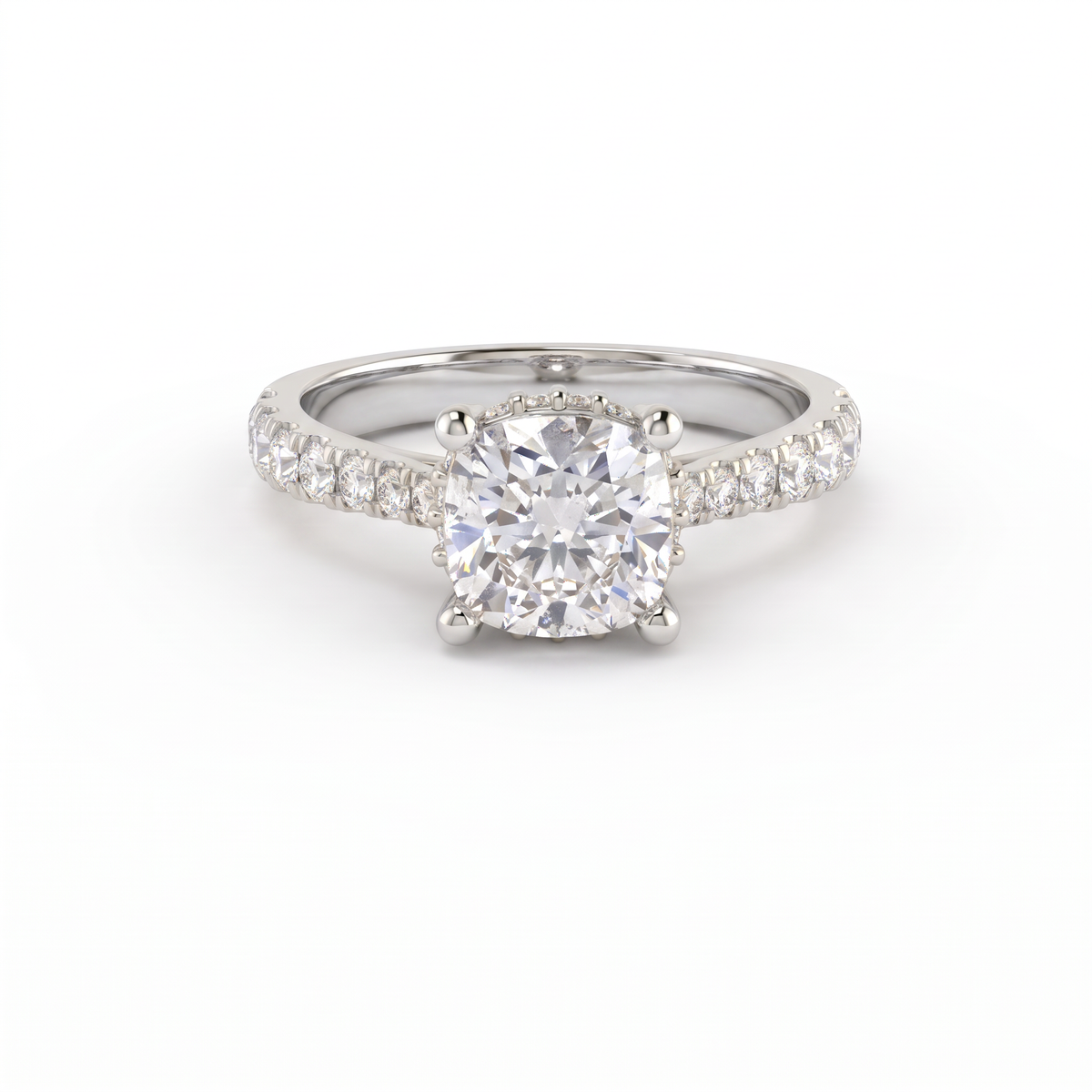 1.5ct cushion cut Lab-Grown Diamond engagement ring in 14K white gold with hidden halo and pavé band, top view