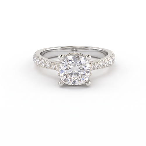 1.5ct cushion cut Lab-Grown Diamond engagement ring in 14K white gold with hidden halo and pavé band, top view