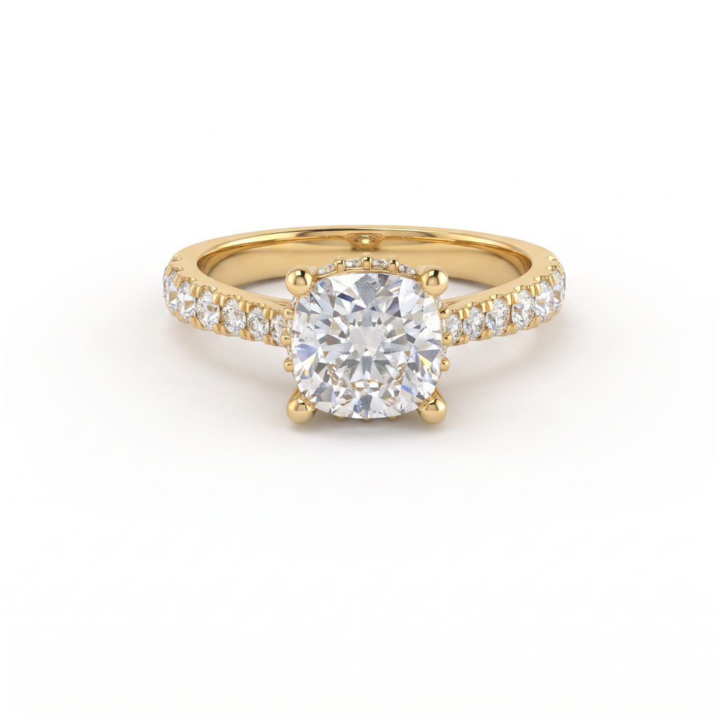 1.5ct cushion cut Lab-Grown Diamond engagement ring in 14K yellow gold with hidden halo and pavé band, top view
