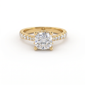 1.5ct cushion cut Lab-Grown Diamond engagement ring in 14K yellow gold with hidden halo and pavé band, top view