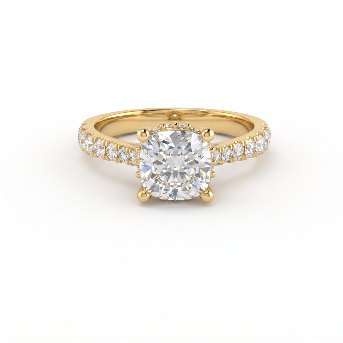 1.5ct cushion cut Lab-Grown Diamond engagement ring in 14K yellow gold with hidden halo and pavé band, top view
