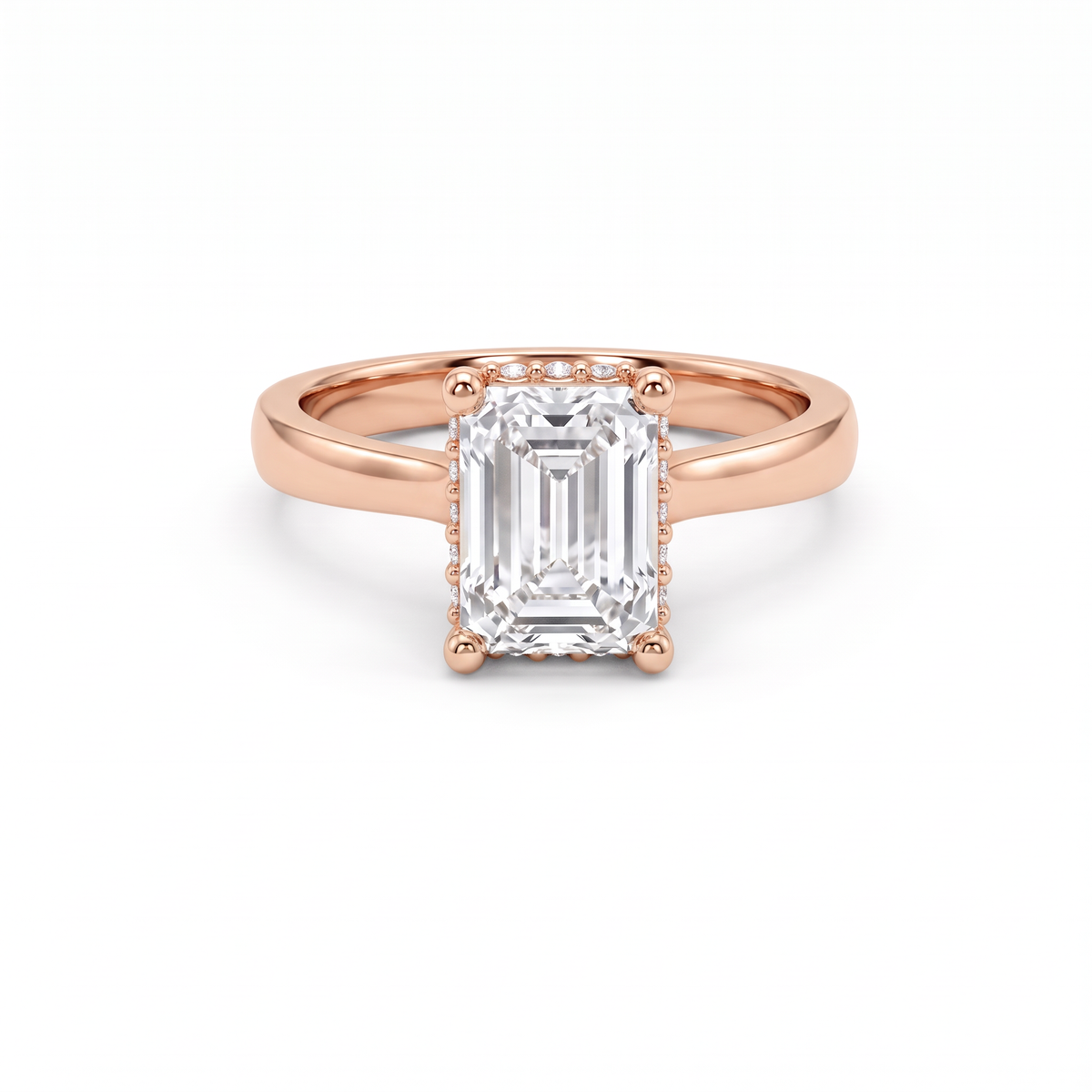 1.5ct emerald cut Lab-Grown Diamond hidden halo engagement ring in 14K rose gold, front view