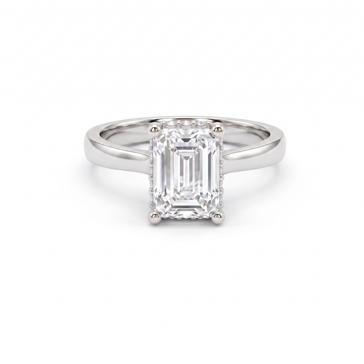 1.5ct emerald cut hidden halo engagement ring in 14K white gold with a Lab-Grown Diamond center stone