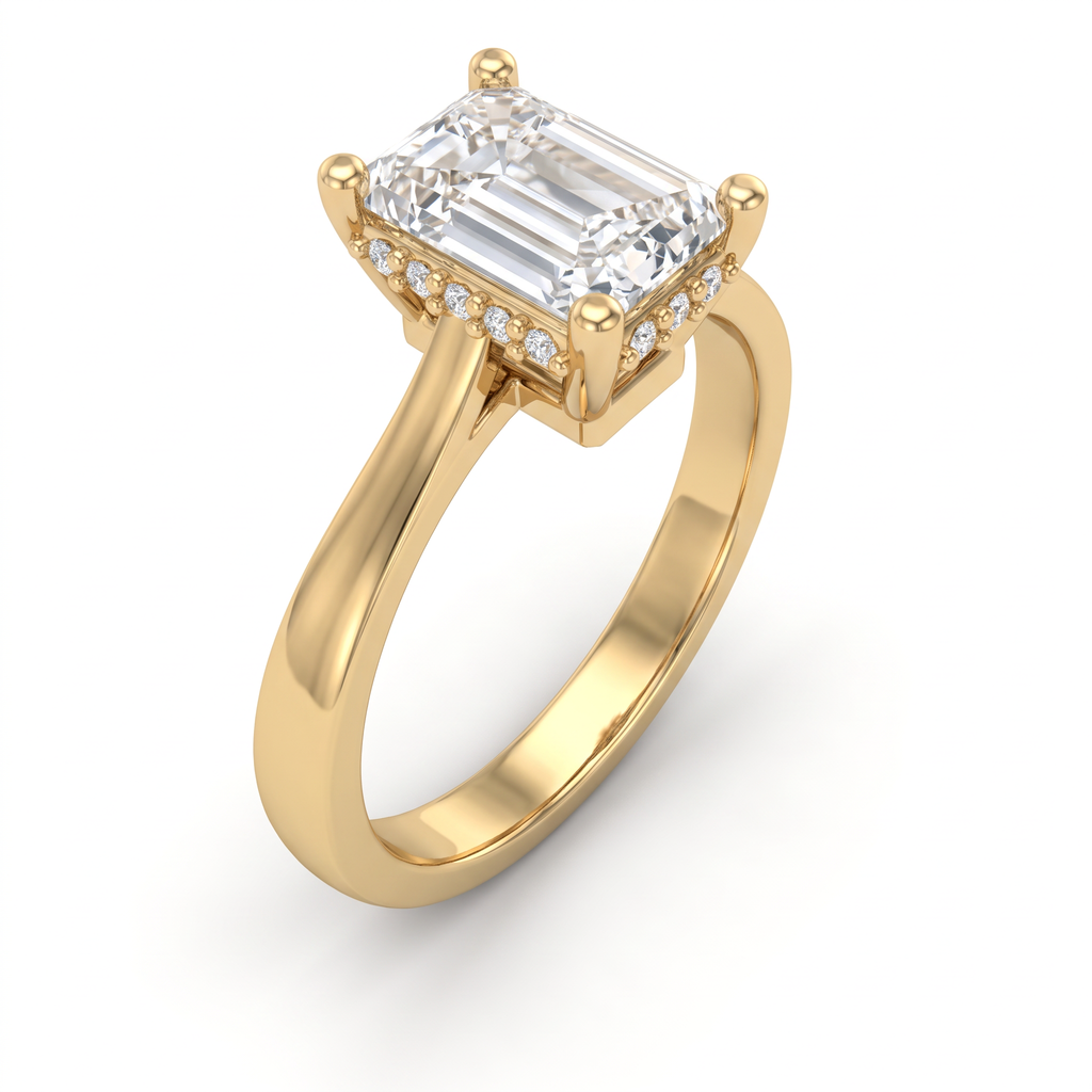Angled view of a 1.5 carat emerald cut Lab-Grown Diamond engagement ring in 14K yellow gold