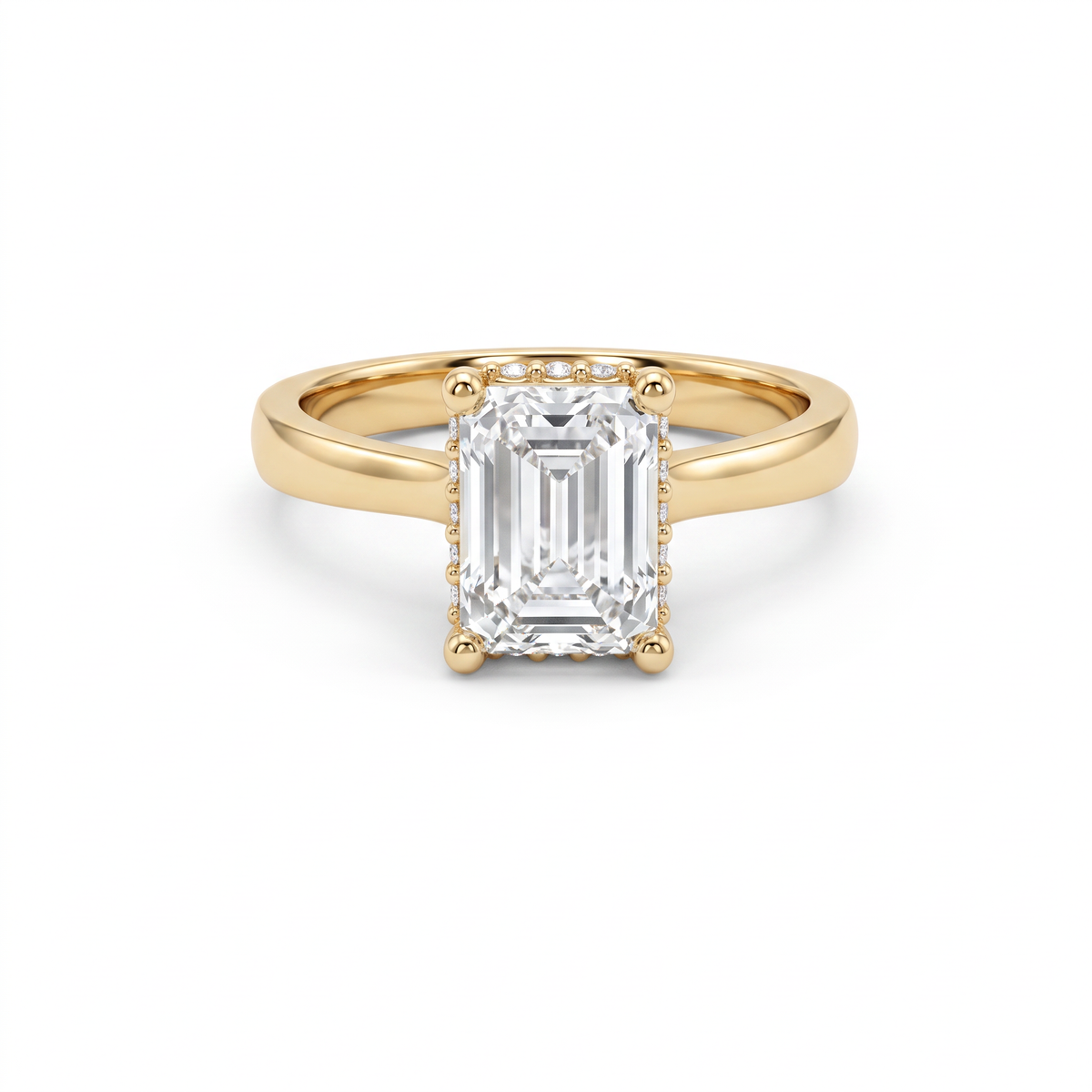 1.5ct emerald cut Lab-Grown Diamond hidden halo engagement ring in 14K yellow gold, front view