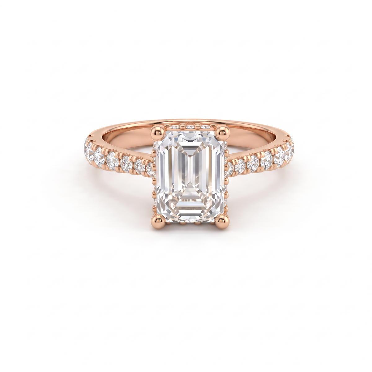 1.5ct Emerald Cut Lab-Grown Diamond engagement ring in 14K rose gold with hidden halo and pavé band, front view
