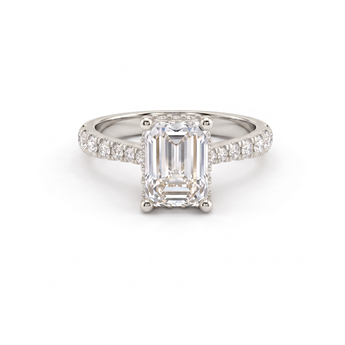 1.5ct Emerald Cut Lab-Grown Diamond engagement ring in 14K white gold with hidden halo and pavé band, front view