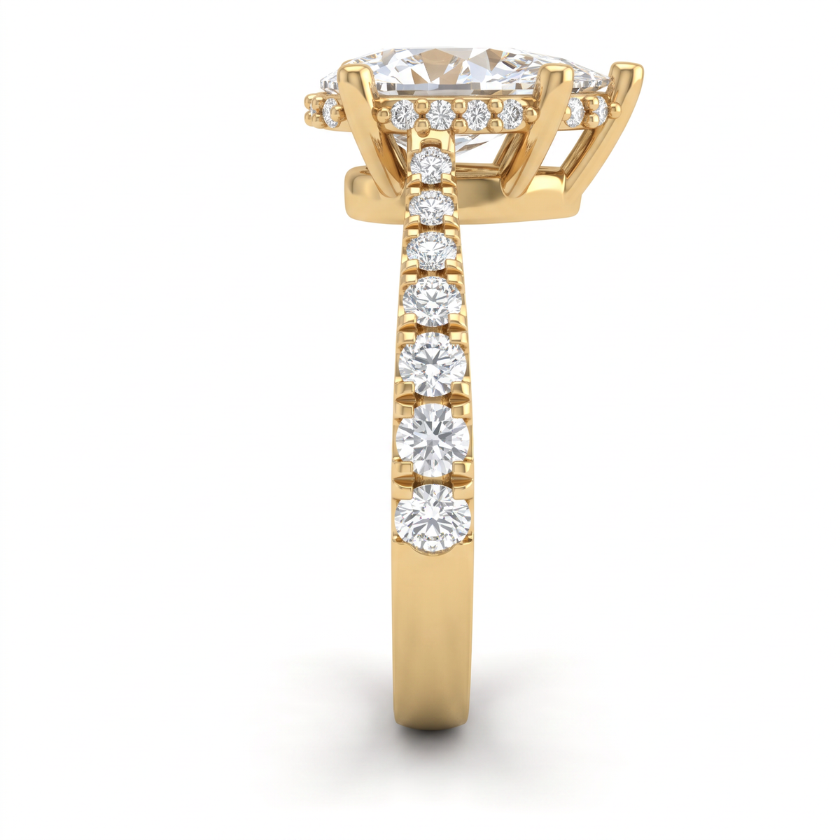 Close-up of the hidden halo and pavé shoulders on a 14K yellow gold 1.5ct Pear Cut Lab-Grown Diamond engagement ring