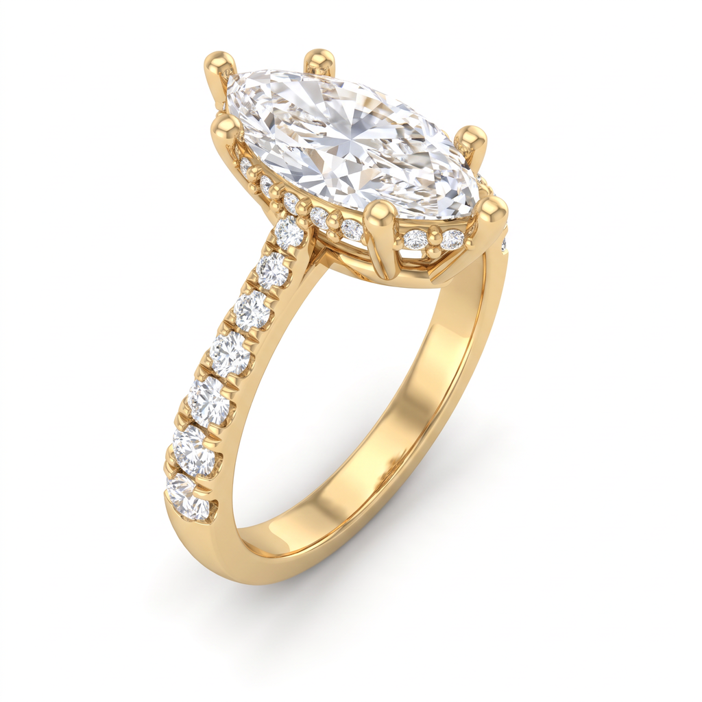 Angled view of a 1.5ct marquise cut Lab-Grown Diamond solitaire in 14K yellow gold with six-prong setting and pavé shank