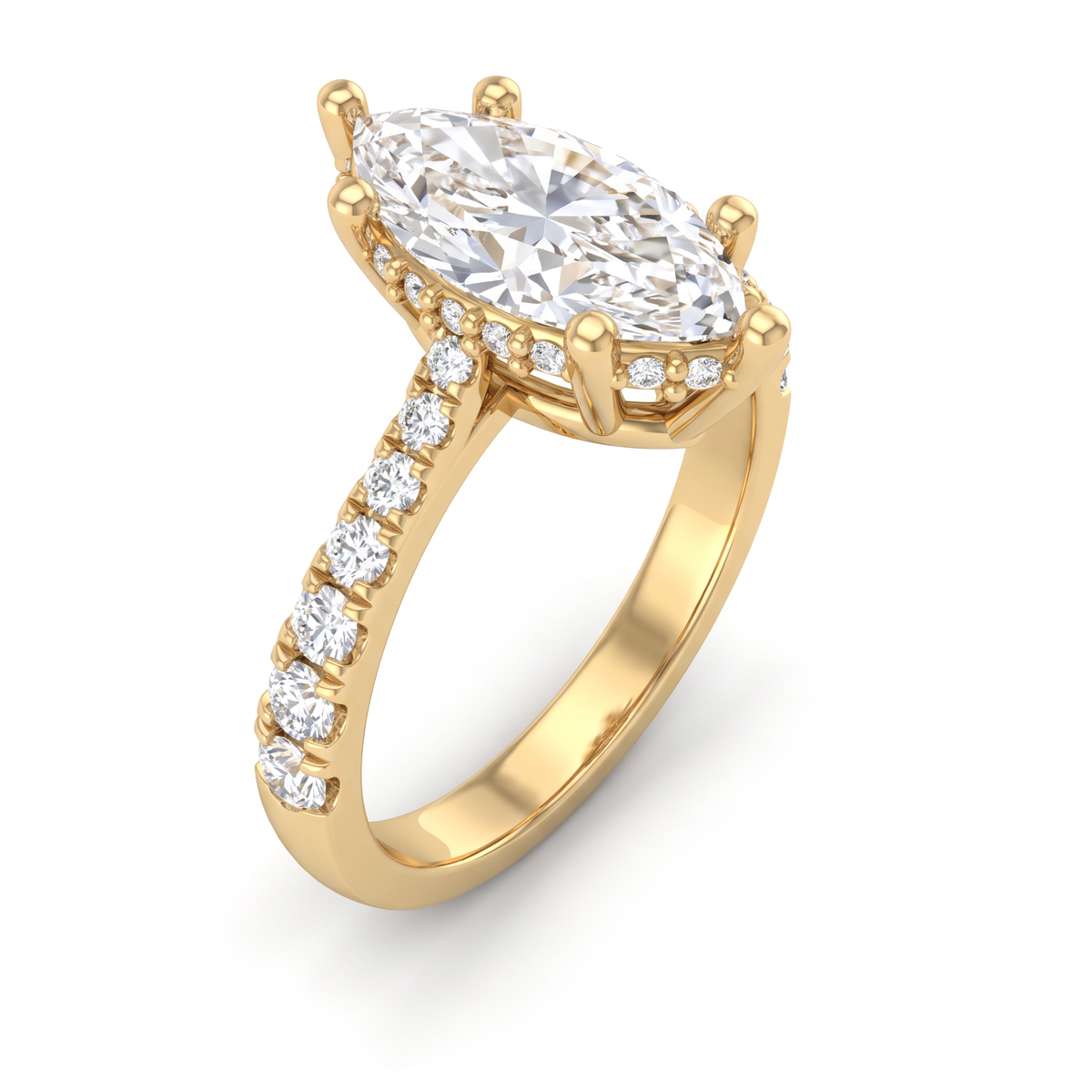 Angled view of a 1.5ct marquise cut Lab-Grown Diamond solitaire in 14K yellow gold with six-prong setting and pavé shank
