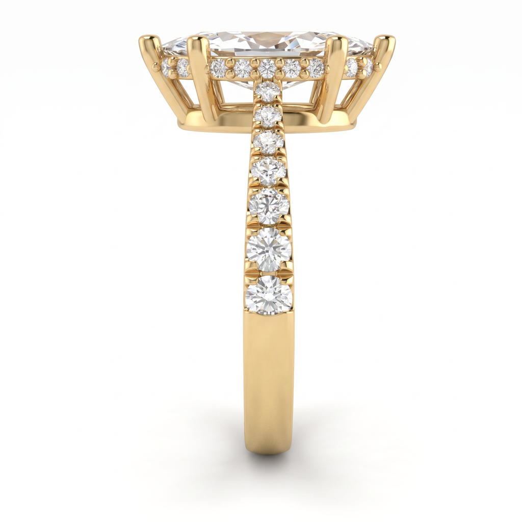 Side view of a 1.5ct marquise engagement ring in 14K yellow gold with graduated pavé Lab-Grown Diamond band and hidden halo basket
