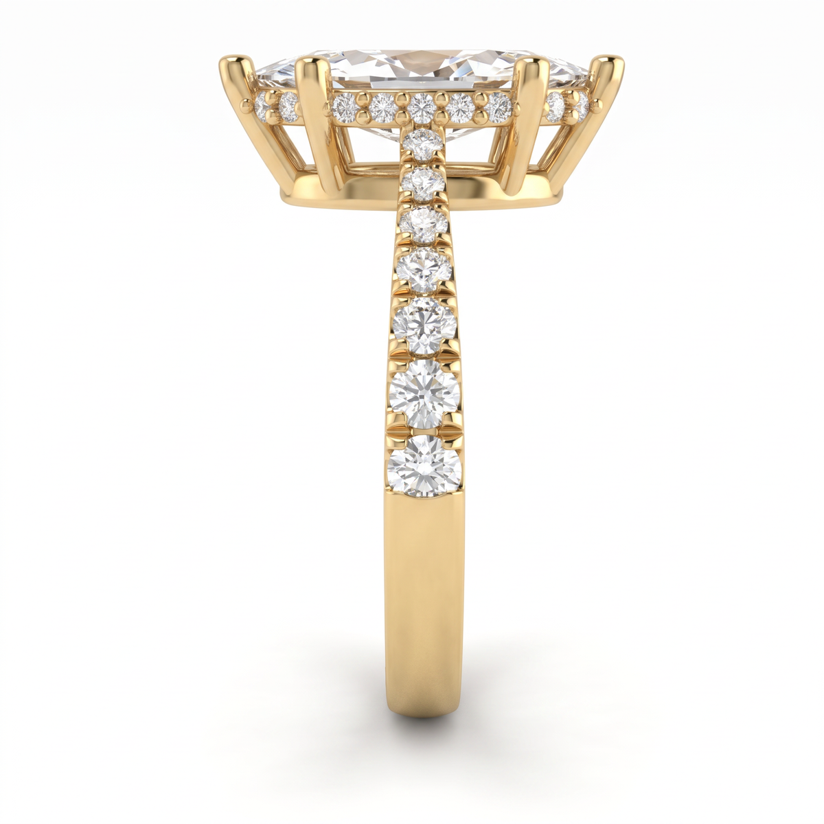 Side view of a 1.5ct marquise engagement ring in 14K yellow gold with graduated pavé Lab-Grown Diamond band and hidden halo basket