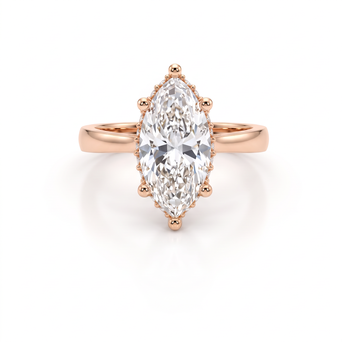 1.5ct marquise cut Lab-Grown Diamond hidden halo engagement ring in 14K rose gold, front view