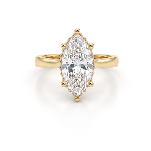 1.5ct marquise cut Lab-Grown Diamond hidden halo engagement ring in 14K yellow gold, front view