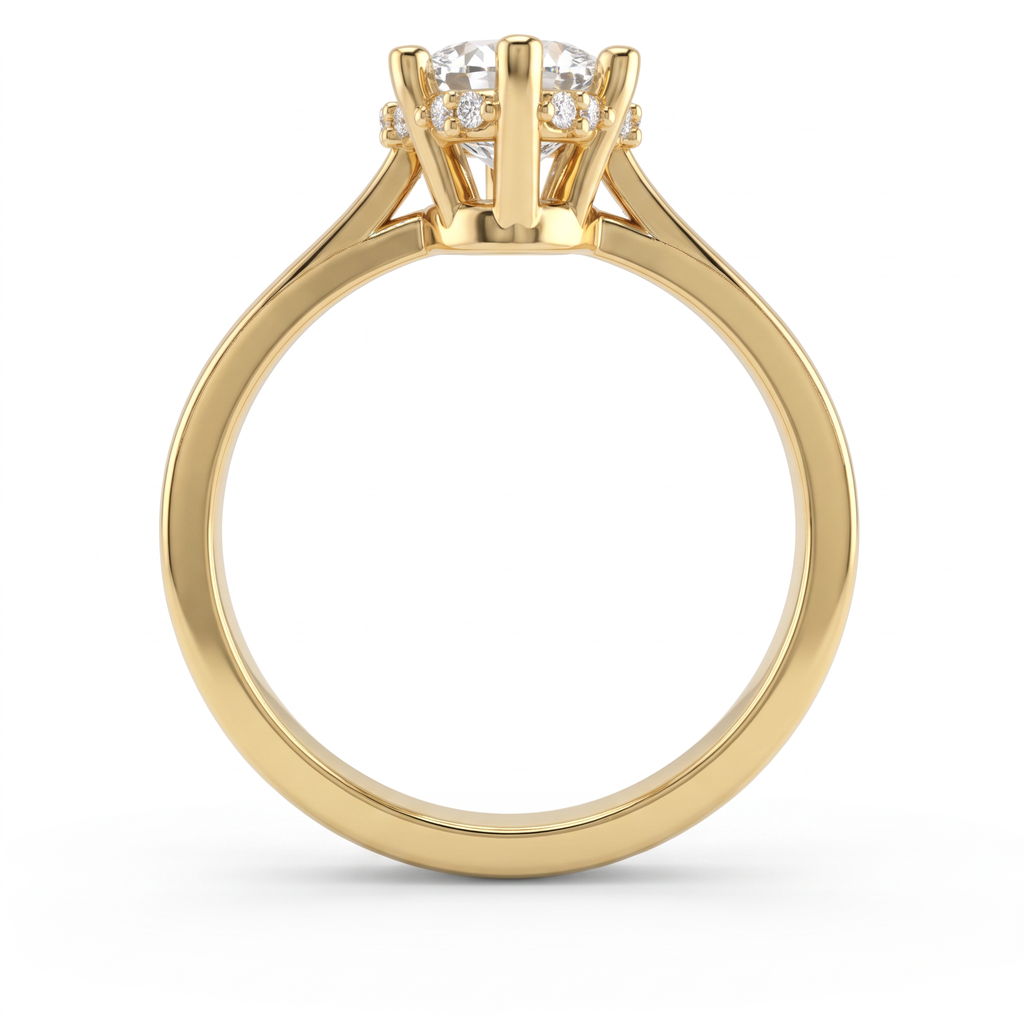 Profile of a 1.5ct marquise hidden halo engagement ring in 14K yellow gold, six-prong setting