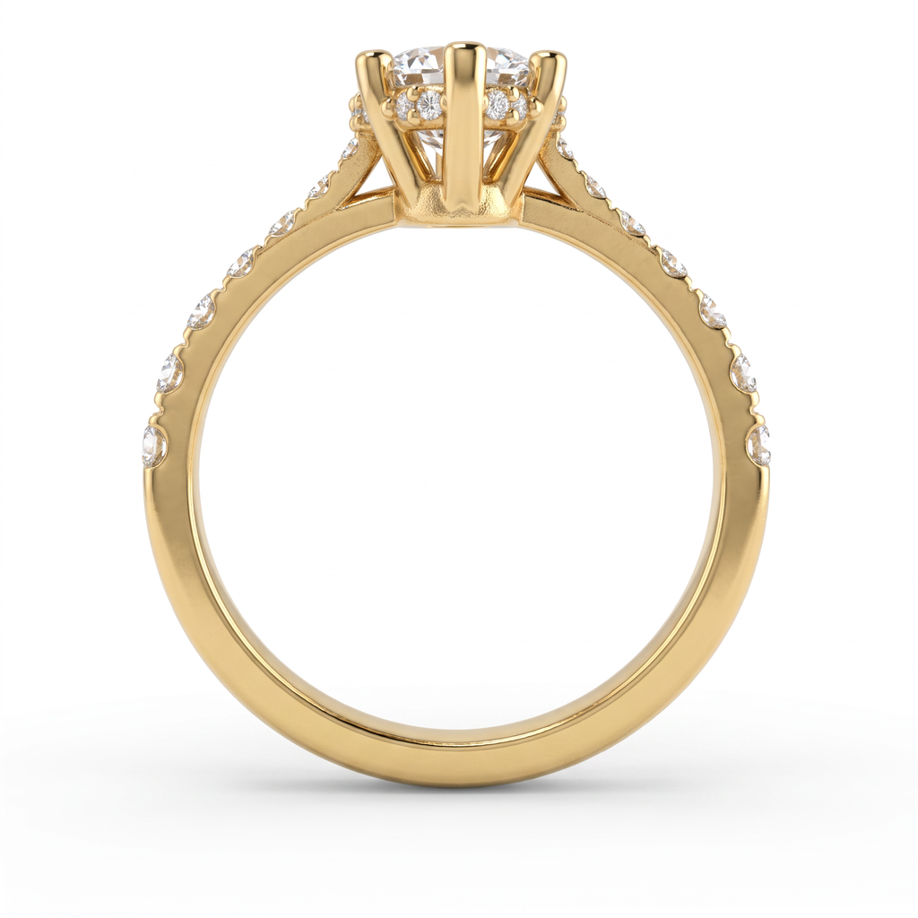 Profile view of a 1.5ct marquise engagement ring in 14K gold showing the hidden halo of Lab-Grown Diamonds under the center stone