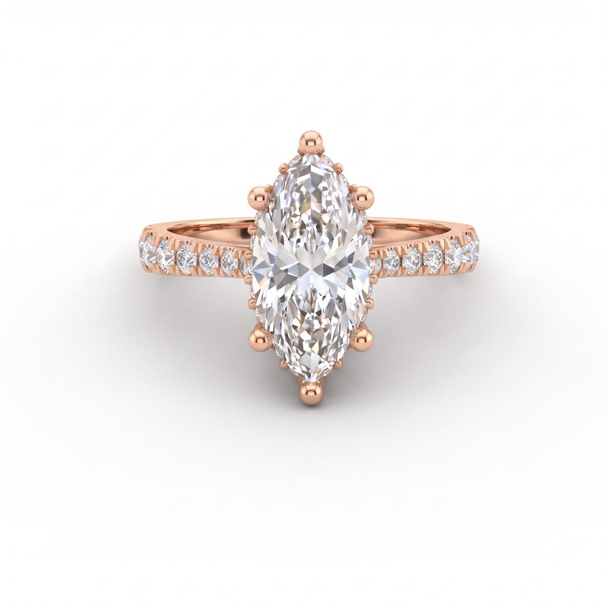 1.5ct marquise cut Lab-Grown Diamond engagement ring in 14K rose gold with hidden halo and pavé band, top view