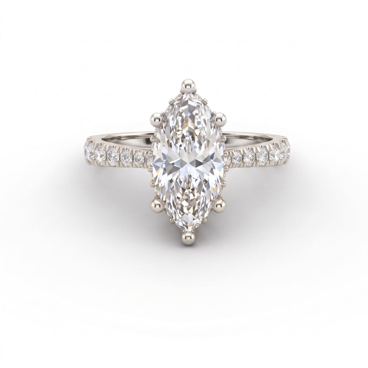 1.5ct marquise cut Lab-Grown Diamond engagement ring in 14K white gold with hidden halo and pavé band, top view
