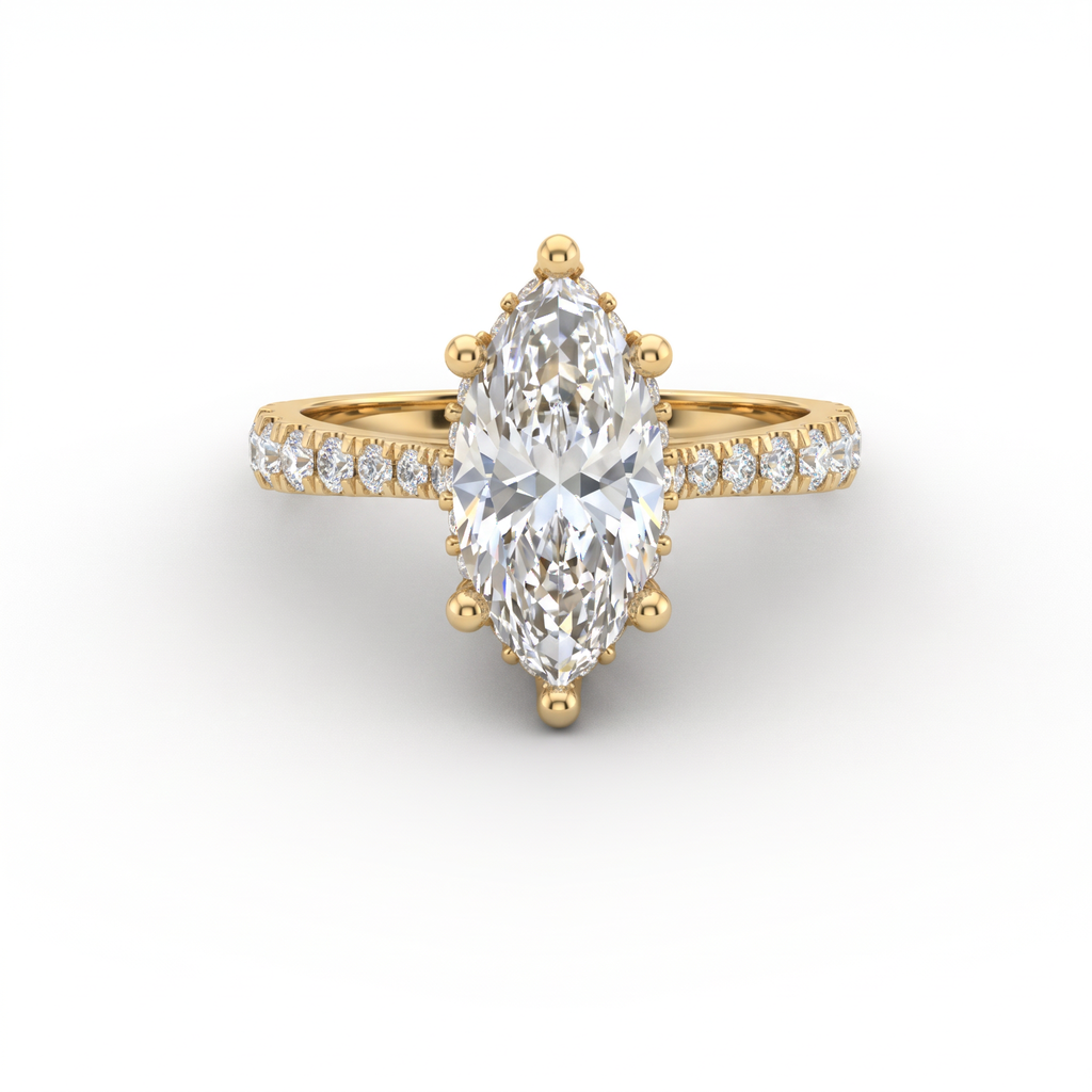 1.5ct marquise cut Lab-Grown Diamond engagement ring in 14K yellow gold with hidden halo and pavé band, top view