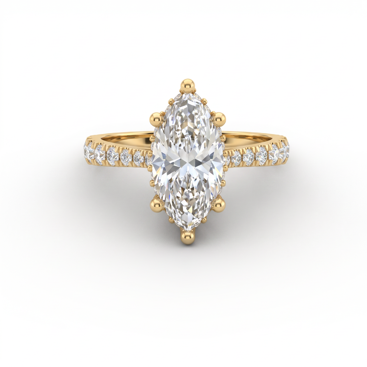 1.5ct marquise cut Lab-Grown Diamond engagement ring in 14K yellow gold with hidden halo and pavé band, top view