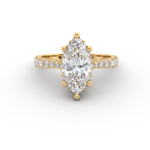1.5ct marquise cut Lab-Grown Diamond engagement ring in 14K yellow gold with hidden halo and pavé band, top view