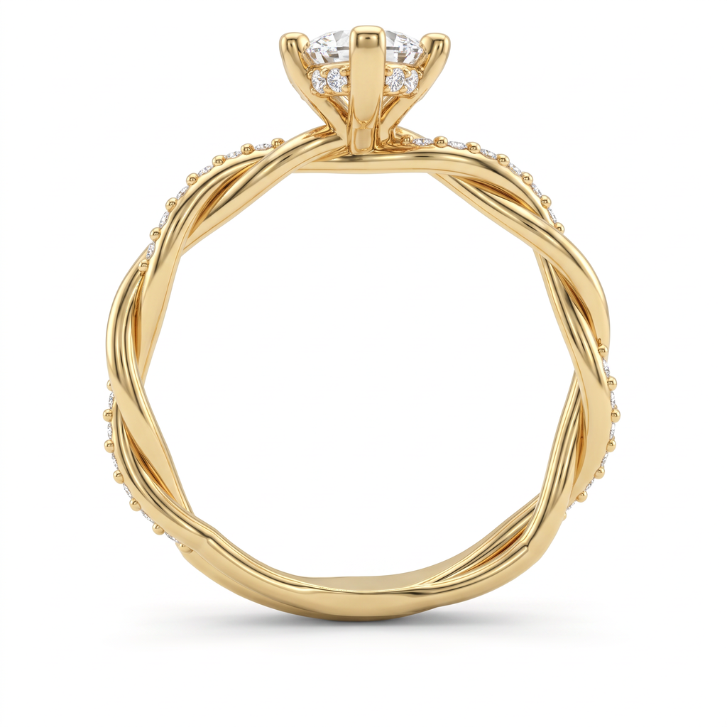 Profile of a 1.5ct marquise twisted pavé engagement ring in 14K yellow gold showing the braided band