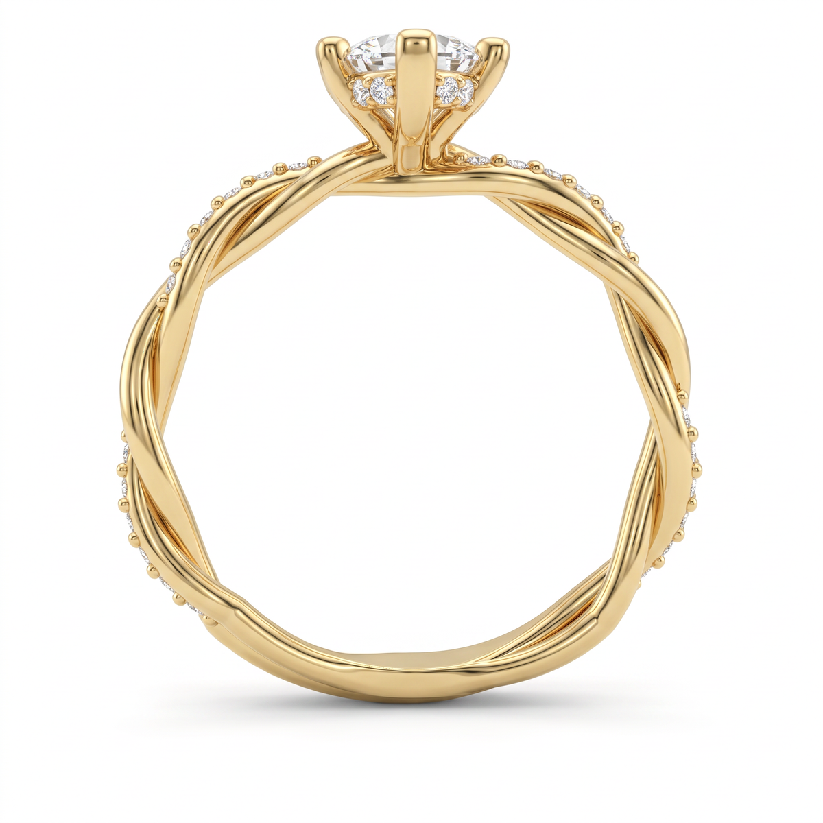 Profile of a 1.5ct marquise twisted pavé engagement ring in 14K yellow gold showing the braided band