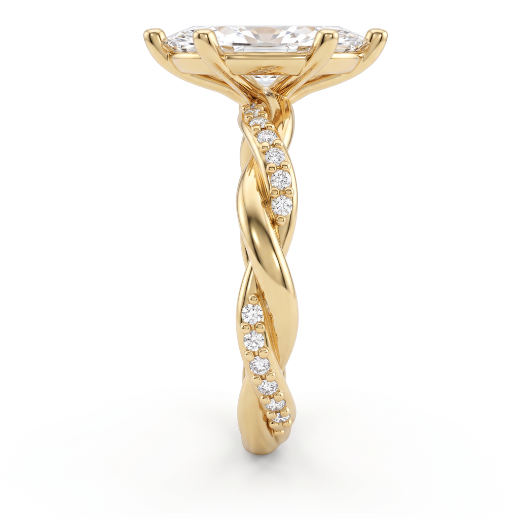 Side view of a 1.5ct marquise twist engagement ring in 14K yellow gold showing the six prongs and hidden halo