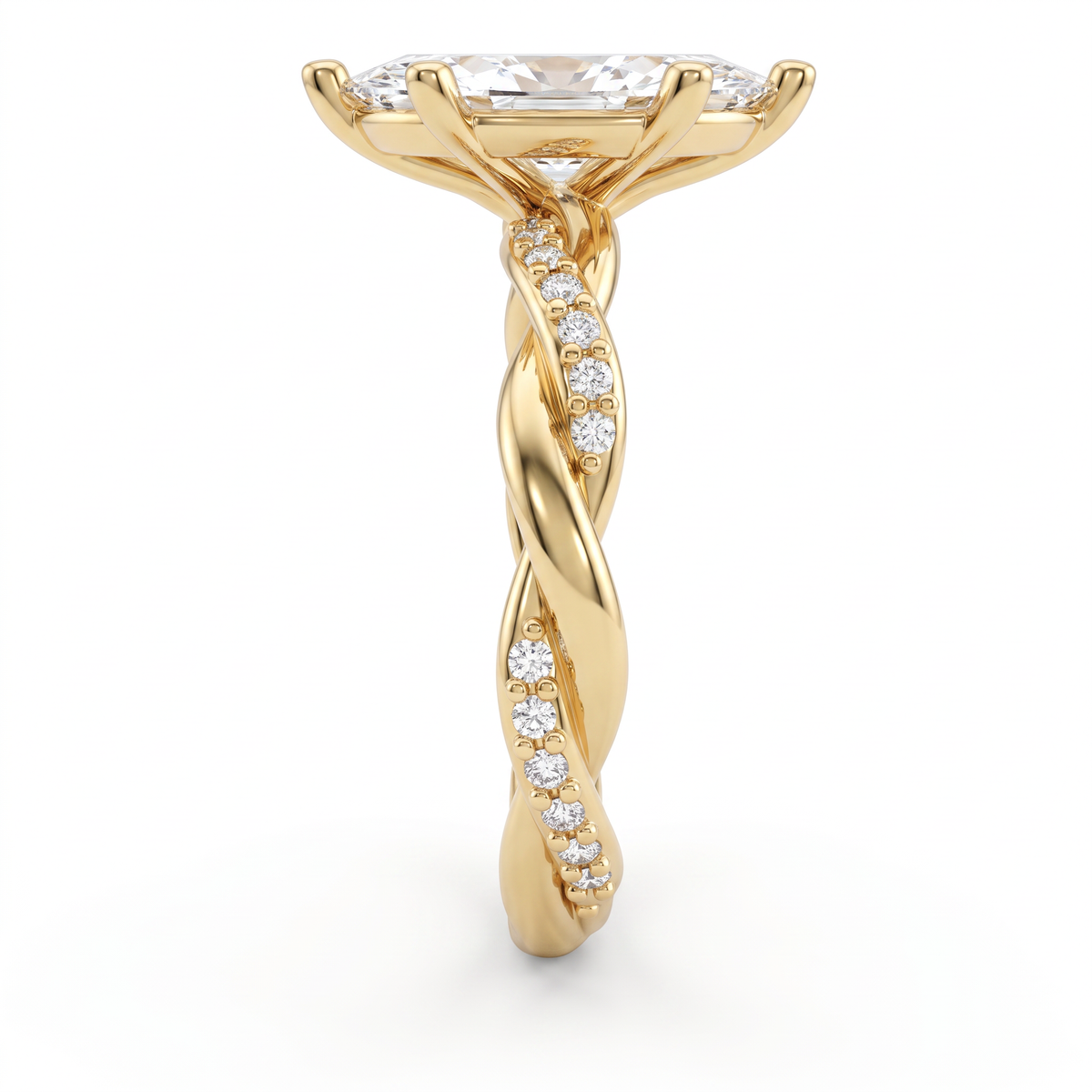 Side view of a 1.5ct marquise twist engagement ring in 14K yellow gold showing the six prongs and hidden halo