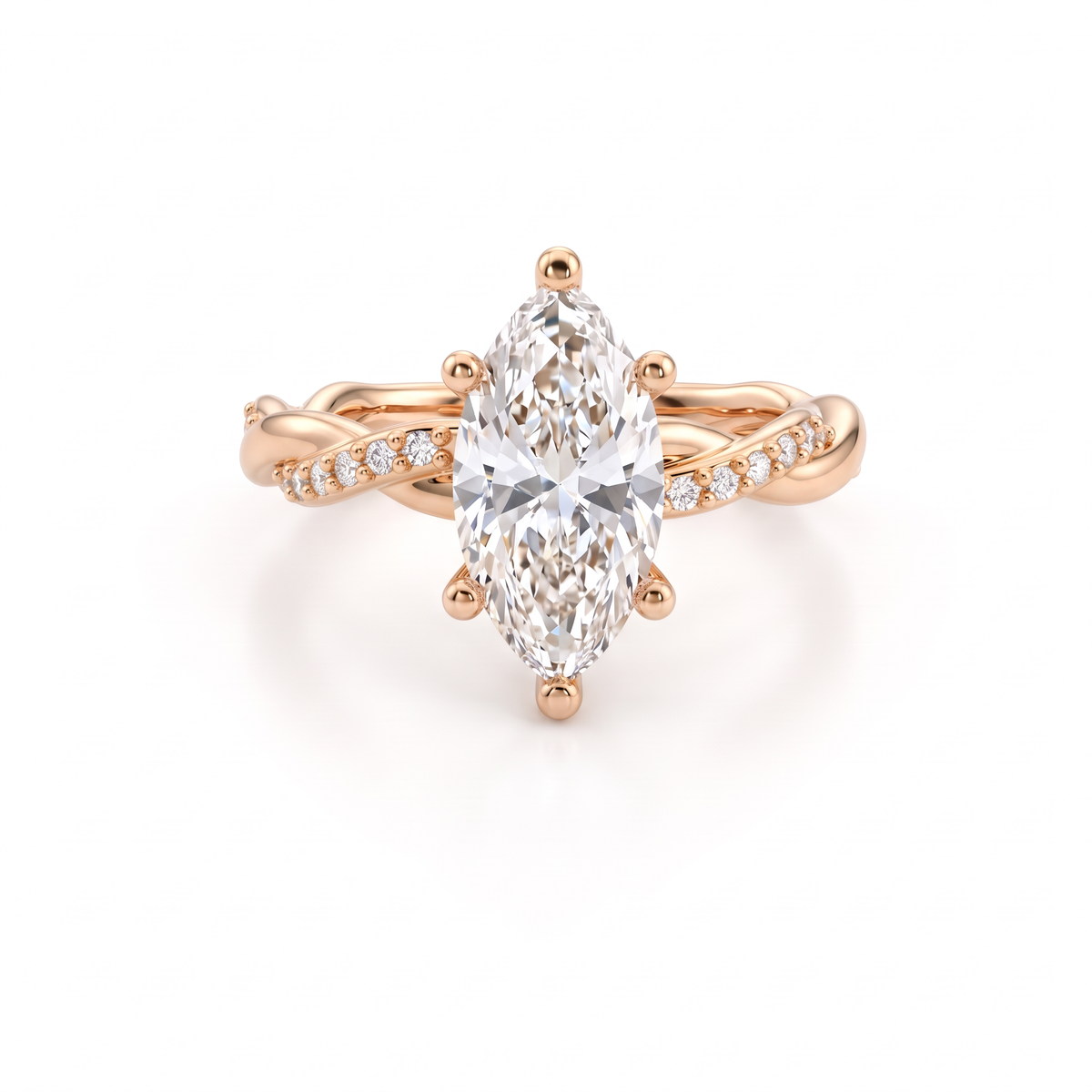 1.5ct marquise Lab-Grown Diamond twisted pavé engagement ring in 14K rose gold, front view