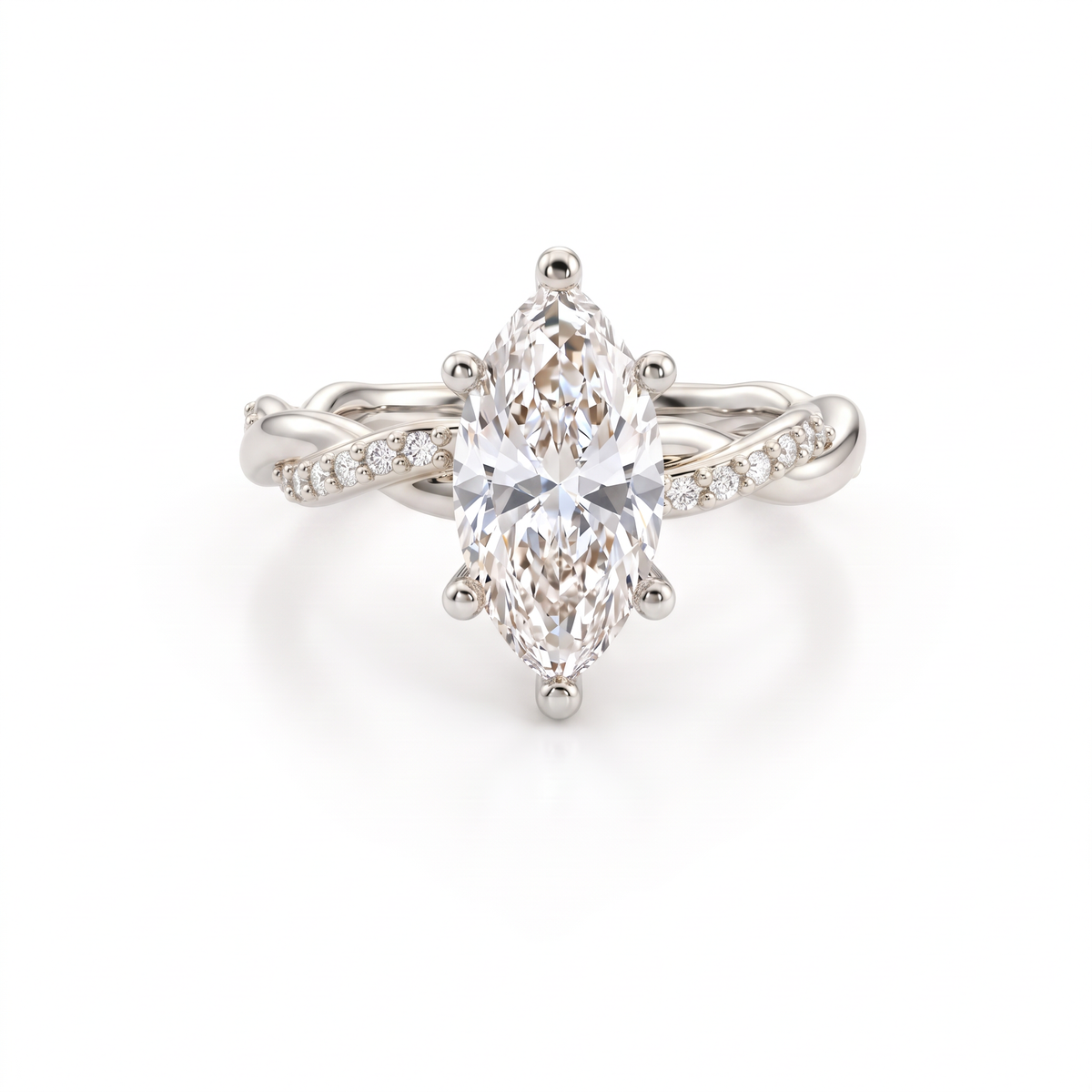 1.5ct marquise Lab-Grown Diamond twisted pavé engagement ring in 14K white gold, front view