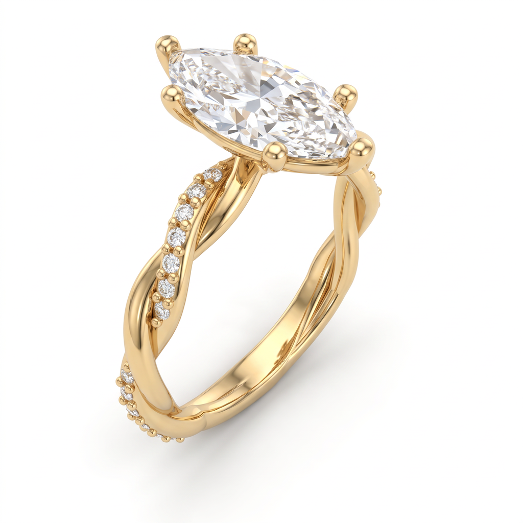 Angled view of a 1.5ct marquise Lab-Grown Diamond engagement ring on a twisted pavé band in 14K yellow gold