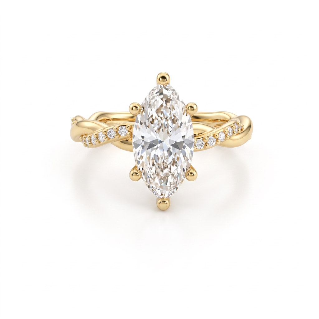 1.5ct marquise Lab-Grown Diamond twisted pavé engagement ring in 14K yellow gold, six-prong setting, front view