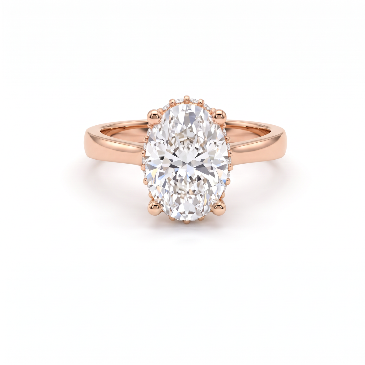 1.5ct oval hidden halo engagement ring in 14K rose gold set with a Lab-Grown Diamond