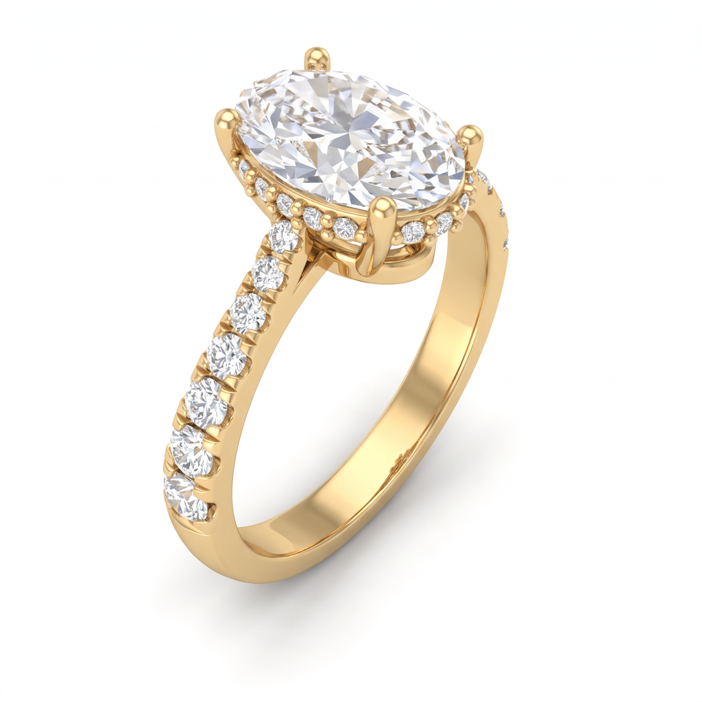 Angled view of a 1.5ct oval Lab-Grown Diamond solitaire in 14K yellow gold with four-prong setting and pavé shank