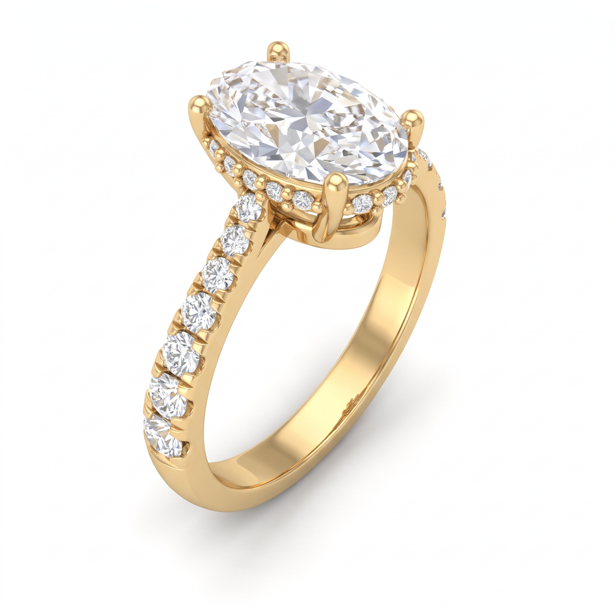 Angled view of a 1.5ct oval Lab-Grown Diamond solitaire in 14K yellow gold with four-prong setting and pavé shank